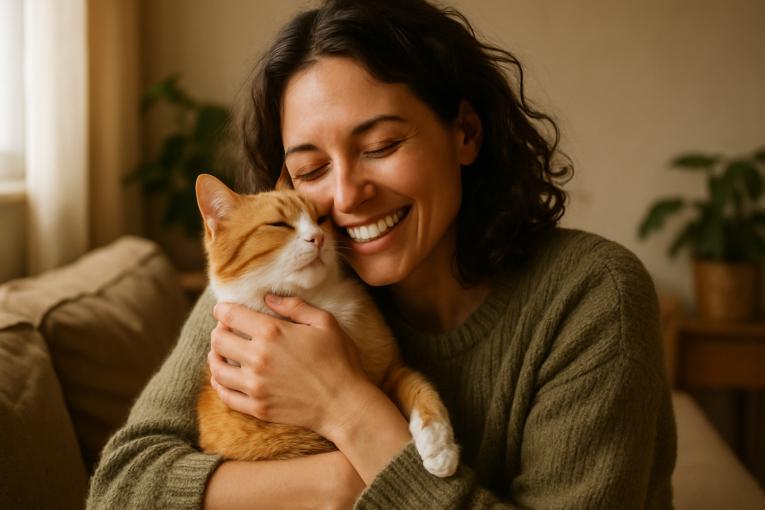 Happy lady and her pet cuddling 